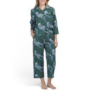 SAATVIK Green Cotton Tiger Print Pajama Top And Pants Set